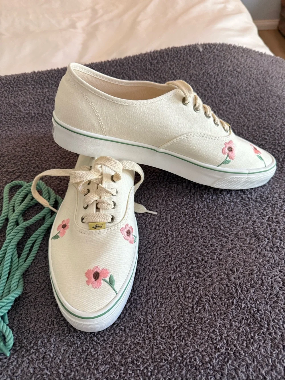 Converse Cream Canvas Boat Shoes with Pink Floral Embroidery